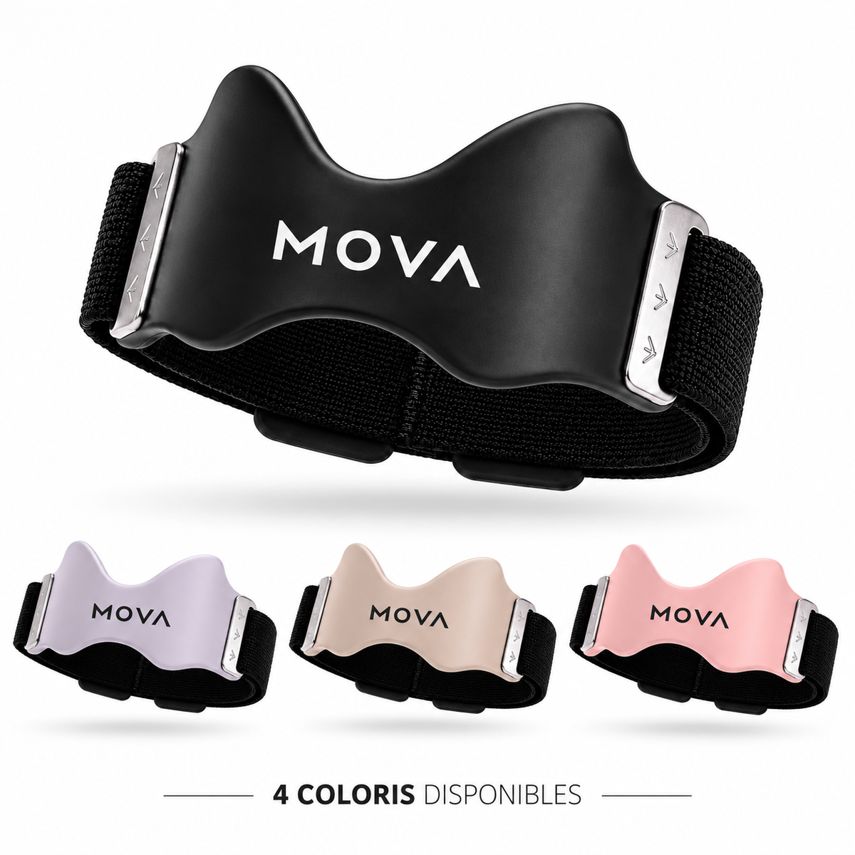 Sangle de maintien du genou MOVA disponible en noir, mauve, beige et rose